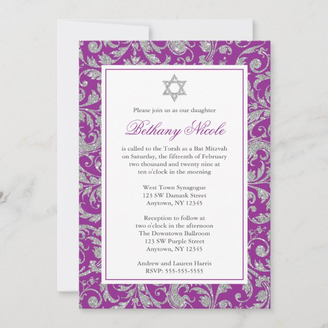Lila Silver Glitter Swirl Damask Bat mitzvah Inbjudningar (Framsida)