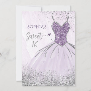 Lila silver glitterklänning Sweet 16 födelsedag Inbjudningar