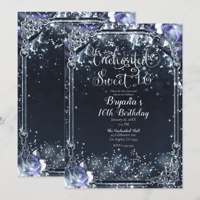Lila Silver Glitterljus Söta 16 16-årsdag Inbjudningar (Fram/baksida)