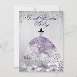 Lila Silver Gnistra Blommigt Dress Sweet 16 Inbjud Inbjudningar