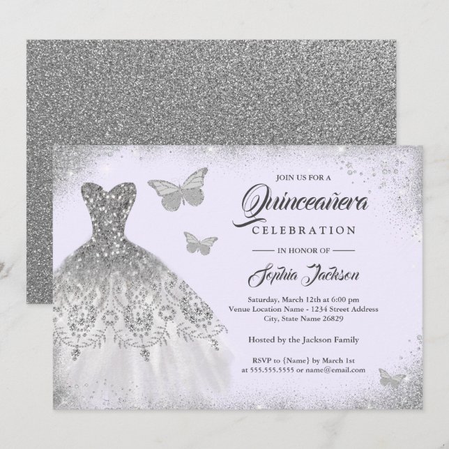 Lila Silver Gnistra Dress Butterfly Quinceanera Inbjudningar (Fram/baksida)