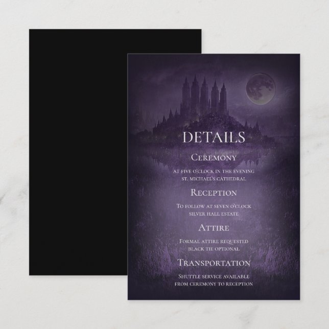 Lila Silver Gothic Romantik Bröllopsinformationsko Inbjudningar (Fram/baksida)