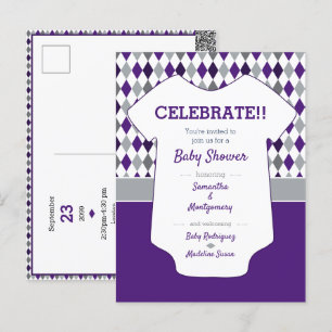 Lila & Silver Grått Argyle Mönster Baby Shower Vykort