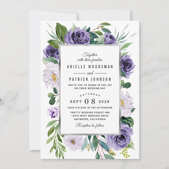 Lila Silver Grått Watercolor Blommigt Bröllop Inbjudningar (Framsida)