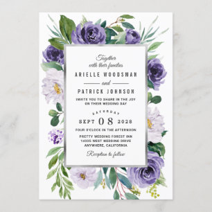 Lila Silver Grått Watercolor Blommigt Bröllop Inbjudningar