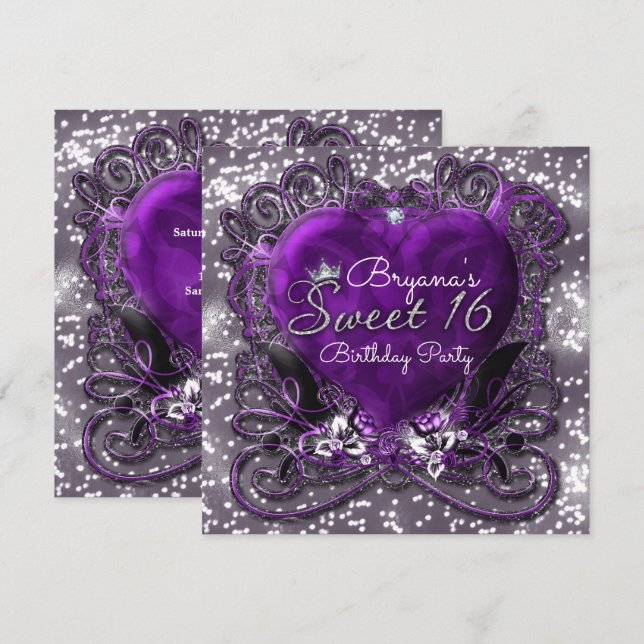 Lila & Silver Heart Gnistra Sweet 16 inbjudningar (Fram/baksida)