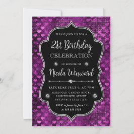 Lila Silver Hearts Glitter Ram Inbjudningar