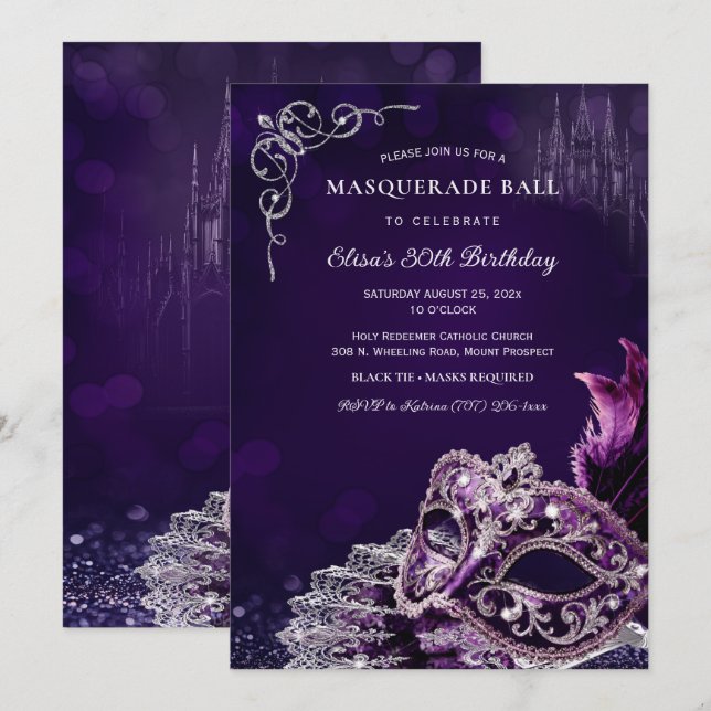 Lila Silver Masquerad Elegant Födelsedagsfest Inbjudningar (Fram/baksida)
