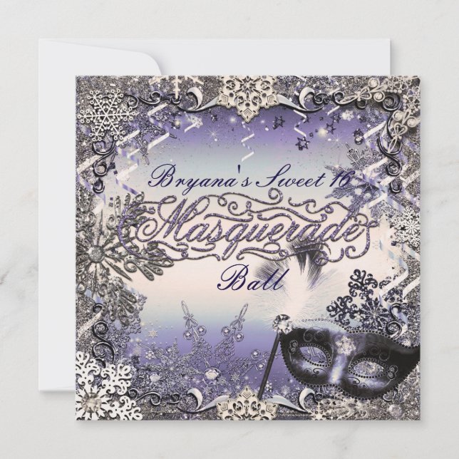 Lila & Silver Masquerade & Winter Snöflingor Inbjudningar (Framsida)