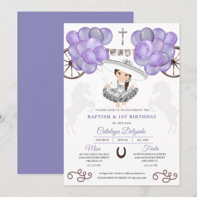Lila Silver Mexikanska Baby Charra Blegons Baptism Inbjudningar (Fram/baksida)