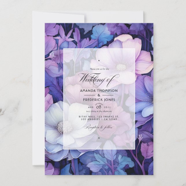 Lila, silver och blå blomsterbröllop inbjudningar (Framsida)