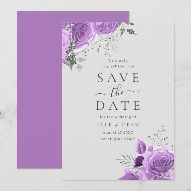 Lila Silver och Blommig Elegant Bröllop  Spara Datumet (Fram/baksida)