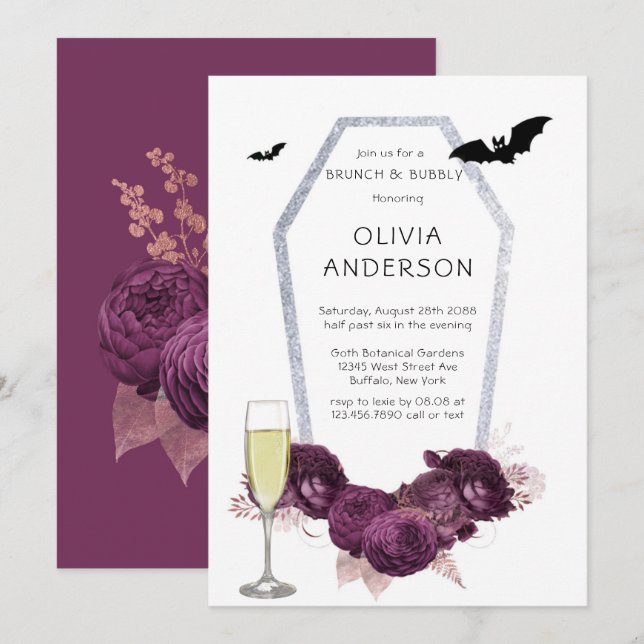Lila Silver Peony Coffin Fladdermöss Brunch & Bubl Inbjudningar (Fram/baksida)