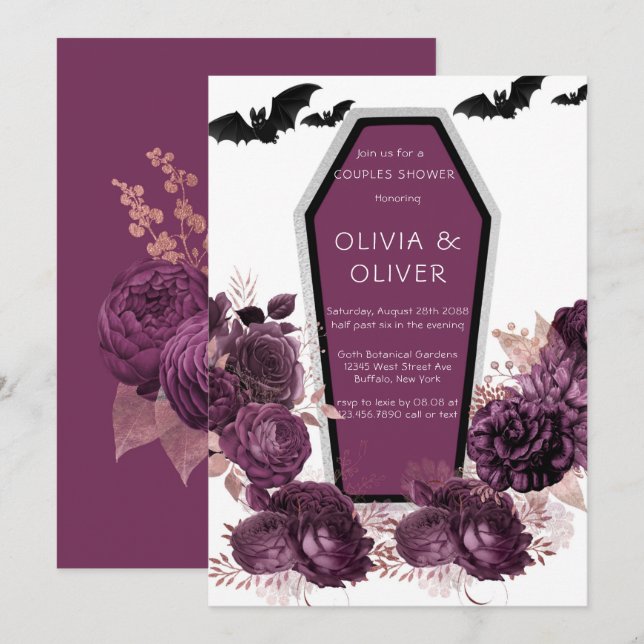 Lila Silver Peony Coffin Fladdermöss Par Shower Inbjudningar (Fram/baksida)
