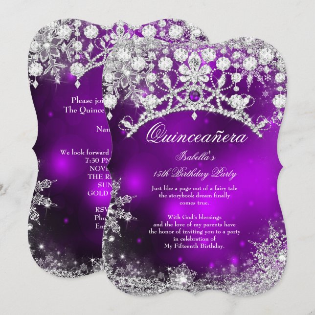 Lila silver Quinceanera 15:e Vinterundret Inbjudningar (Fram/baksida)