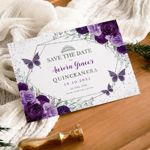 Lila Silver Quinceanera-Blommigt Spara datum Meddelande