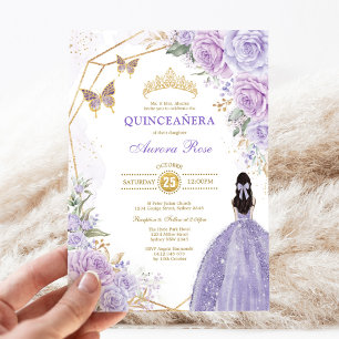 Lila Silver Quinceañera Butterfly Princess Party Inbjudningar