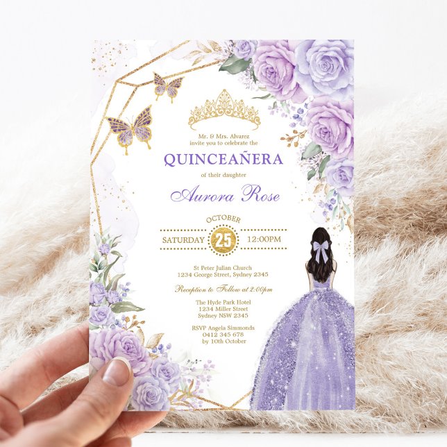 Lila Silver Quinceañera Butterfly Princess Party Inbjudningar (Skapare uppladdad)