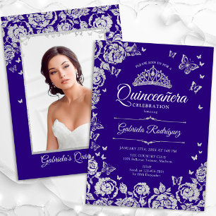 Lila Silver Ro Butterflies Quinceanera Photo Inbjudningar