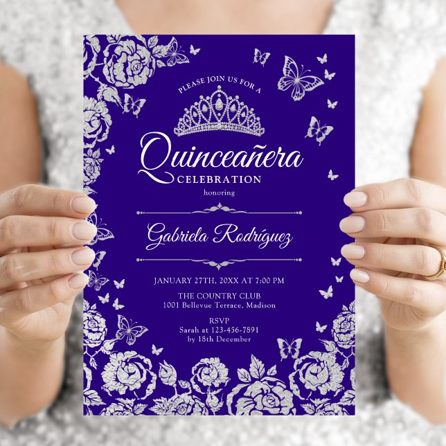 Lila Silver Rosor Fjärilar Quinceanera Inbjudningar (Skapare uppladdad)
