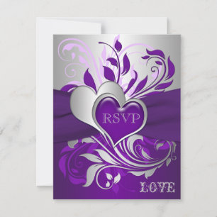 Lila, Silver Scrolls, Hearts RSVP-kort OSA Kort