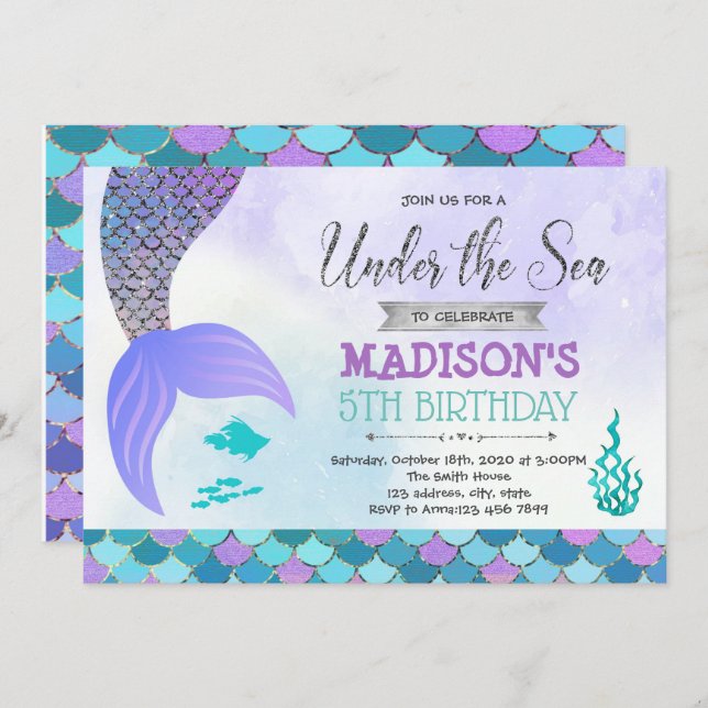 Lila silver sjöjungfru födelsedagsinbjudan inbjudningar (Fram/baksida)