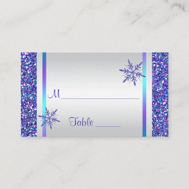 Lila, Silver Snöflingor Quinceanera-platskort Placeringskort (Framsida)