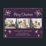 Lila Silver Snowflake Photo Collage Helg Vykort<br><div class="desc">Lila fotot God jul och Gott nytt år vykort med en fotokollage med stjärnor,  snöflingor och ett vackert handskrivet Julhälsningar i ett festivt skript. Anpassa enkelt det här vykortet för lila helgdag med foton,  namn och text för familjen. Bakgrunden kan anpassas till valfritt färg.</div>