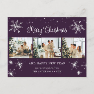 Lila Silver Snowflake Photo Collage Helg Vykort