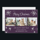 Lila Silver Snowflake Snö Photo Collage Julkort<br><div class="desc">Cute lila fotocollage God jul och Gott nytt år-kort med snöflingor och stjärnor på framsidan och fallande snö på baksidan. Anpassa enkelt det här helgdag med elegant med foton och text.</div>