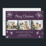 Lila Silver Snowflake Snö Photo Collage Julkort<br><div class="desc">Cute lila fotocollage God jul och Gott nytt år-kort med snöflingor och stjärnor på framsidan och fallande snö på baksidan. Anpassa enkelt det här helgdag med elegant med foton och text.</div>