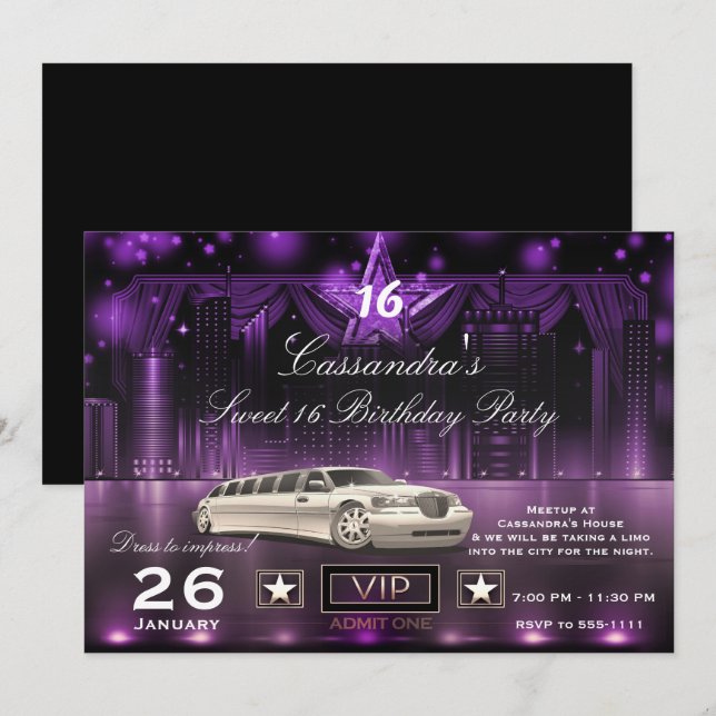 Lila & Silver Stadsljus Limo Födelsedagsfest Inbjudningar (Fram/baksida)