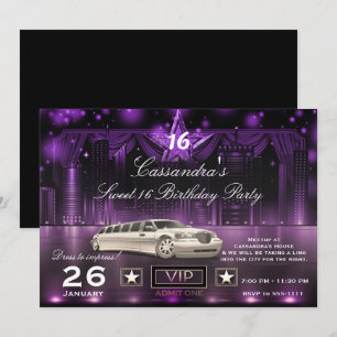 Lila & Silver Stadsljus Limo Födelsedagsfest Inbjudningar