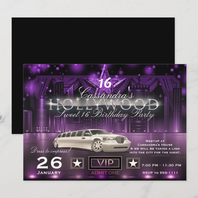 Lila & Silver Stadsljus Limo Hollywood-fest Inbjudningar (Fram/baksida)
