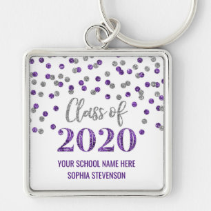 Lila Silver Studenten klass 2020 Confetti Fyrkantig Silverfärgad Nyckelring