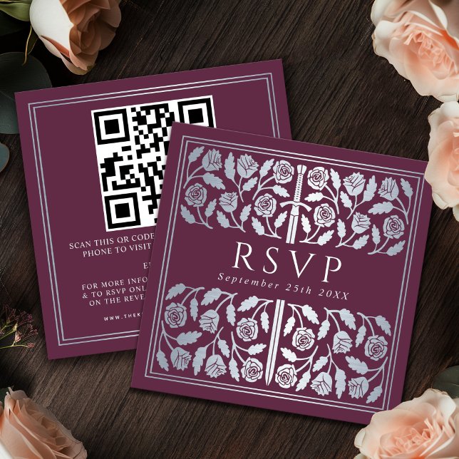 Lila Silver Svärd Royal Bröllop RSVP QR-kod Tilläggskort (Skapare uppladdad)