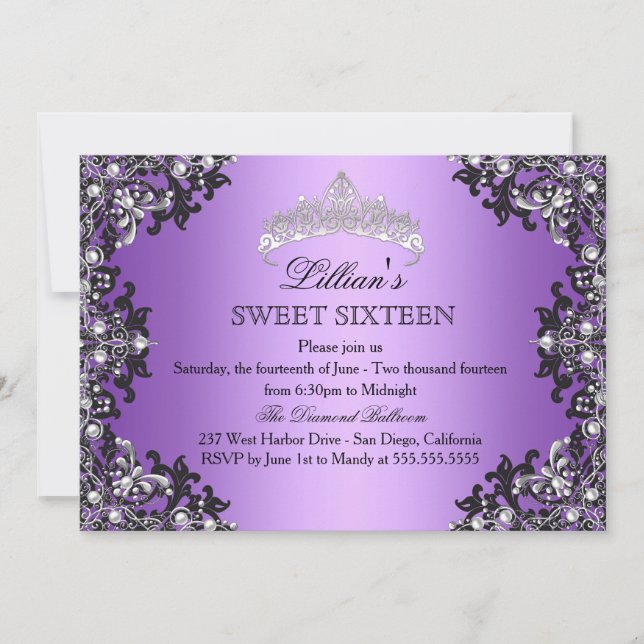 Lila Silver Svart Damask Tiara Söt 16 Inbjudan (Framsida)