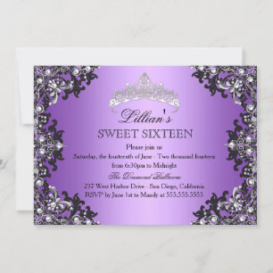 Lila Silver Svart Damask Tiara Söt 16 Inbjudan