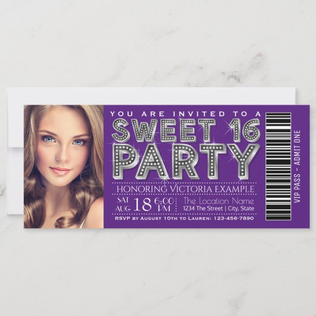 Lila Silver Sweet 16 Biljett Inbjudan (Framsida)