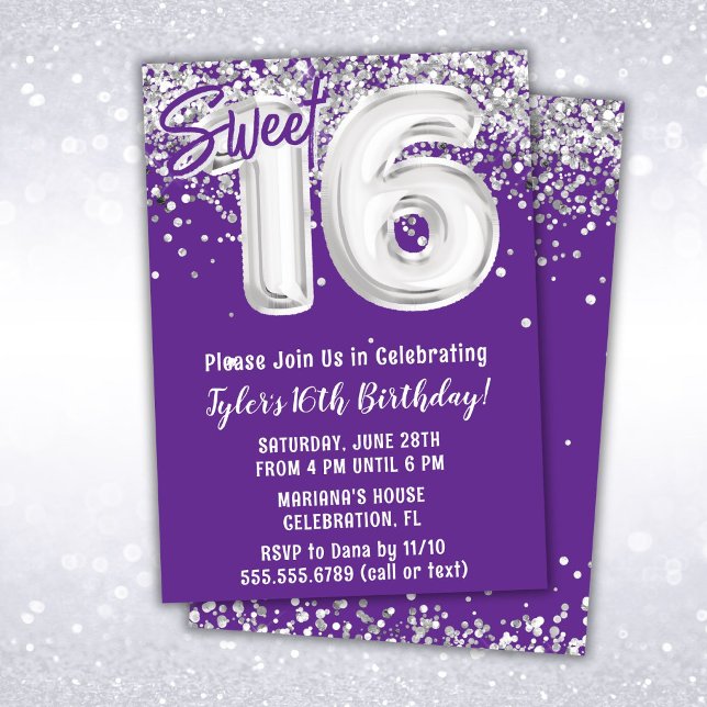 Lila Silver Sweet 16:e Födelsedagsfesten Inbjudningar (Skapare uppladdad)