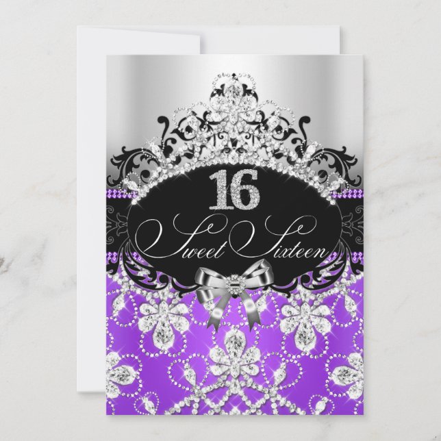 Lila Silver Sweet 16 Gnistra Tiara Birthday Inbjudningar (Framsida)