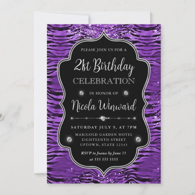 Lila Silver Tiger Stripes Glitter Ram Birthday Inbjudningar (Framsida)