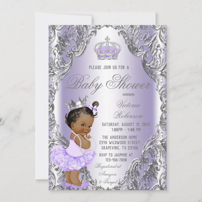 Lila Silver Tutu Prinsessa Bebis Bjudning Inbjudningar (Framsida)