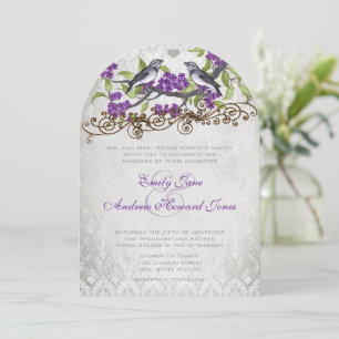 Lila & Silver Vintage Bird Damask Wedding Inbjudan