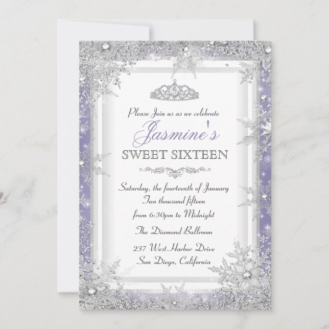 Lila Silver Vinter Värld Underbar Sweet 16 Inbjuda Inbjudningar (Framsida)