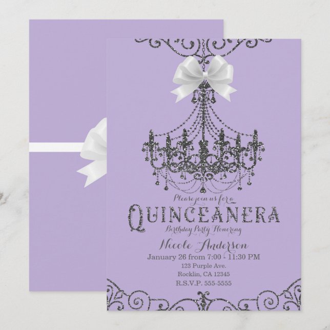 Lila & Silver Vit Slinga Quinceañera 15 15-årsfira Inbjudningar (Fram/baksida)