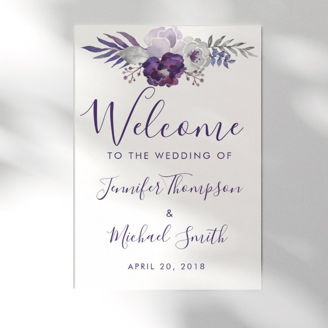 Lila & Silver Watercolor Blommigt Bröllop Välkomme Poster (Purple & Silver Watercolor Floral Wedding Welcome Poster)