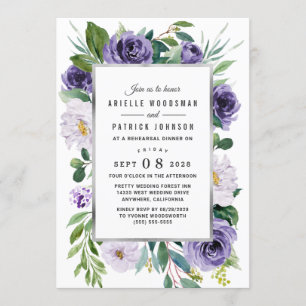 Lila Silver Watercolor Blommigt Rehearsal Dinner Inbjudningar