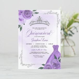 Lila Silver & White Blommigt Tiara Quinceañera Inv Inbjudningar