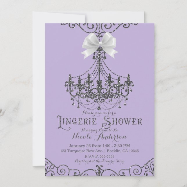 Lila & Silver White Bow Lingerie Shower Inbjudningar (Framsida)